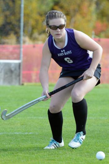 John Bapst’s Catherine Chelsey looks to get to the ball first. (Photo by Ron Hawkes)