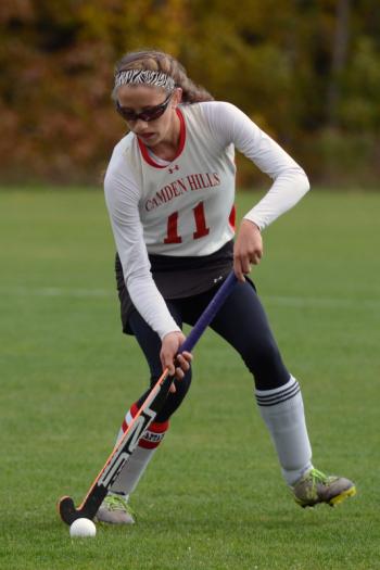Camden Hills Molly Davee gets set for a shot on goal that just missed as it was stopped just in time. (Photo by Ron Hawkes)