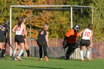 Camden Hills Emily Daggett (10) brought the ball 30 yards and drilled this shot home for a goal. Winslow won the game 5-2. (Photo by Ron Hawkes)