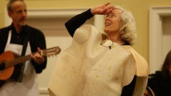 ohn Burstein, MCH-Meals On Wheels Kitchen Appeal campaign volunteer, accompanies State Representative Joan Welsh, who performs as “Gluten,” singing, “What’s The Deal?” a zany song about food allergies. The skit was performed at the kickoff for a campaign to enlarge the kitchen and feed more seniors and people with special needs. Last year, volunteers delivered 32,421 hot meals to the homes of people living in Knox County.