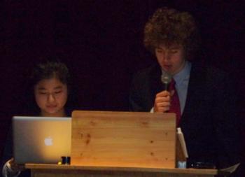 Hindley Wang operates the Power Point while Noah Jordan talks about “Student-directed learning in the 21st Century.” (Photo by Sarah Thompson)