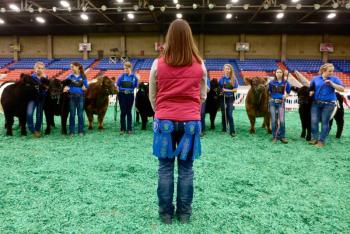 Aldermere Achievers, left to right, Greta Bishop, Audrey Bowman, Ellie Pendleton, Elizabeth Eaton, Frances Pendleton, Pearl Benjamin, Quinn Bunting, and Sydney Gilbert stand in the show ring of the North American Int’l Livestock Expo in KY. Melinda Lee, Aldermere Farm's apprentice (wearing a skirt of first place ribbons)(Photo Credit: Karin Leuthy)