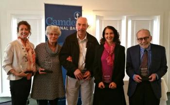 Five nonprofit leaders were honored at the 2015 Leaders & Luminaries Event Nov. 5. Pictured left to right: Lynn Gierie, Robbie Foundation; Catherine Powers, Bath Housing; William I. Branch, Kennebec Behavioral Health; Rebekah J. Smith, Maine Women’s Policy Center; and Harris (Pete) Bixler, Bay Chamber Concerts. (Photo Provided by Camden National Bank)