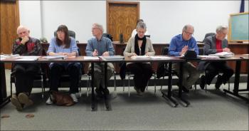 The joint session of the Knox County Commission and Knox County Budget Committee met Thursday night to approve the county’s budget for 2016. Left to right are Richard L. Parent, Jr. - elected District #2; Carol L. Maines - elected District #; Roger A. Moody (Chair) - elected District #3, Budget Committee Chair Dorothy Meriweather, committee members Terry Pinto and Bill Jones. (Photos by Chris Wolf)