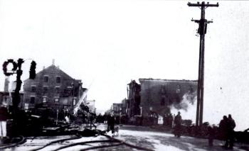 The cinders were still smoldering the next morning as Gil Merriam walked to work the morning after the fire of Dec. 12, 1952. (Photo from “Around Rockland: Images of America. Copyright 1996.)