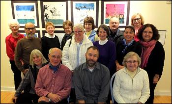 Those attending Tim English’s workshop at Jackson Memorial Library Thursday evening: (seated) Chris Williamson, Tim English, Janet Overholt; (standing) Morris Dorenfeld, Ann Goodell, Peggy Williamson, Susie Kane, Sandra Hall, Mary Ann Swittlinger, Sylvia Murphy, Ingrid Mroz, Ann Cogger, Lily Gaudette, Bill Swittlinger and Yvonne Gloede.