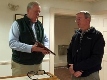 Rockport Police Chief Mark Kelley and Sgt. Travis Ford at the Jan. 11 Rockport Select Board meeting, where Ford was named the 2015 Officer of the Year. (Photo by Holly S. Edwards)