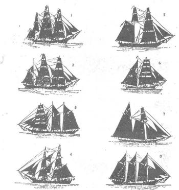 1) A ship, square-rigged
2) A bark, three masts; square sails on the first two, schooner rig on the last
3) barkentine, three masts, sometimes more, square sails on the first
5) Brigantine, two masts, three square sails on the first, two square upper sails on the second, and schooner rigged below
6) Hermaphrodite Brig, foremast rig of a brig and main mast of a schooner
7) Topsail schooner, two masts, schooner rigged, except foremast is brigantine rigged