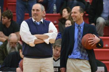 Coaches Jeff Hart and Steve Cox share a laugh before the game. (Photo by Ron Hawkes)