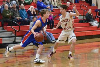 Mt. Ararat’s Cole Guerin, left, tries to get past Camden’s Gavin Boyd. (Photo by Ron Hawkes)