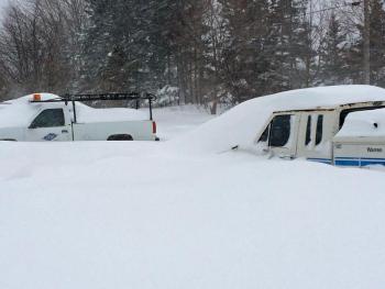 Life on Matinicus has slowed to a standstill today for all but the plow truck, as the latest winter storm dumps boatloads of snow on this and other Penobscot Bay islands. (Photo by Eva Murray)