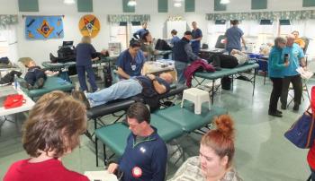 An almost packed house at the Masonic Hall in Rockport, one of two sites for Thursday’s ‘blood feud’ blood donation competition between Camden and Rockport. (Photos by Chris Wolf)
