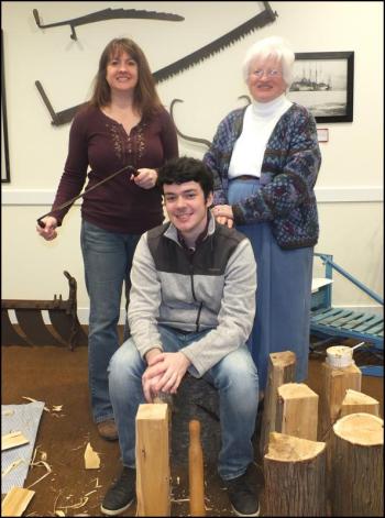 Three generations of shingle makers: Heather Moran, Tyler Bilodeau and Elizabeth Moran. (Photo by Chris Wolf)