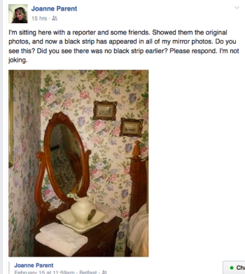 Screenshot from Joanne’s Facebook page asking if anyone has noticed the black bar appearing in the photo 24 hours later.