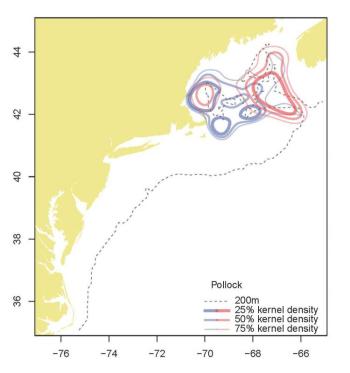 Kernel density plot showing change in distribution of pollock from the 1970s (blue) to the last three years, 2013-2015 (red). The thickest lines, labeled 25% kernel density, show the core area of distribution, while the thin 75% line represents the broader distribution area. Credit: Kevin Friedland, NEFSC/NOAA