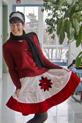 Heidi O'Donnell participating in Ugly Sweater Day (or skirt day in this case) at Belfast Area High School.