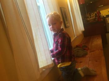 Turner Albee, 4, finds some light at a Morris Farm window as his parents, ReVision Energy employees Hans and Jennifer Albee, talk about solar power April 2. SUSAN JOHNS/Wiscasset Newspaper