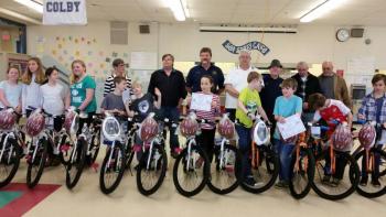 Fifth-grade students at the Camden-Rockport Middle School who were awarded bikes in the Masonic Bikes for Books program. Members of the Amity Lodge No. 6 and St. Paul Lodge 82 were present to congratulate the students. (Photos by Sarah Shepherd)