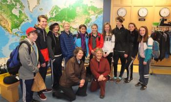 Studnts and Chaperones pose before boarding the 6 a.m. bus, destination Japan. In no particular order are: Elphie Owen and Cathy Straka, with students Nicholas Tausek, Sam Maltese, Mason Bloomquist, Alec O’Dwyer, Tanner Castellano, Annika Charland, Alison Linares, Annabelle Williams, Sophie Ernst and Sarah Fiske (Photos by Chris Wolf)