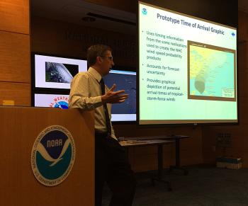 Dr. Rick Knabb, director of the National Hurricane Center, takes questions during the workshop.