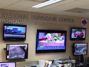 The Atlantic desk for marine forecasting year-round at the National Hurricane Center in Miami, Fla. (Photo by Eva Murray)