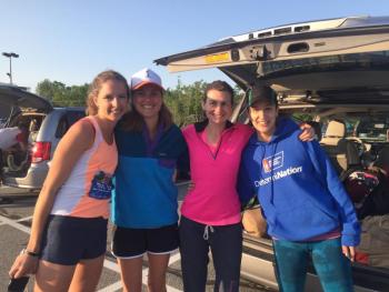 Most of team Runners Orange comes together for a photo in the Shaw’s parking lot Saturday. From left are Kailey Ingerman of Rye, New Hampshire; Jenn Therrien of Eliot; Nicole Derr of South Berwick; and Elizabeth Furbish of New York City. They were awaiting the arrival of teammate Angela Nasveschuk of Yarmouth. SUSAN JOHNS/Wiscasset Newspaper