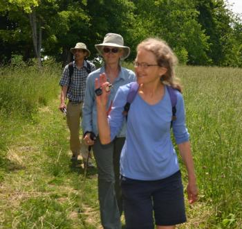 Hikers descend from the Bald Rock Trail, June 21, right into the party gathered at the trail head. (Photo by Lynda Clancy)