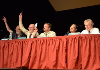Select Board members Geoff Parker, Bill Chapman and Owen Casas vote against going with EcoMaine.