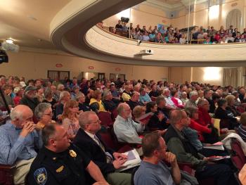 The 2016 Camden Town Meeting will go down in the record books as being as popular as town meetings used to be in the 1970s and 1980s, with the Camden Opera House filling to near-capacity Wednesday night, June 15. (Photo by Holly S. Edwards)