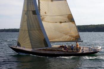 The Hoi An, designed by Stephen Waring Yacht Design and racing in the Spirit of Tradition Class. (Photo courtesy Alison Langley)