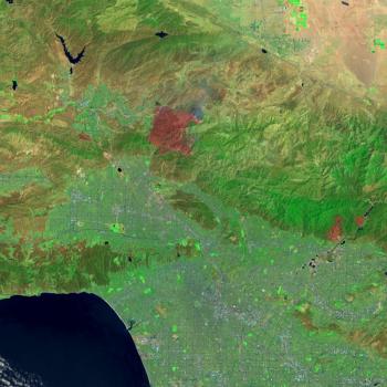 An artificially colorized image of the Sand wildfire, taken on July 24 by NASA's Landsat 8 satellite. (Courtesy NASA Earth Observatory/Image by Jesse Allen)