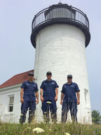 MK3 Joseph Pineda, BMC Sean Dolan and Auxiliarist Bob Trapani Jr. at Curtis Island Lighthouse.
