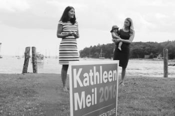Kathleen Meil, Democratic candidate for Maine House District 94, addresses the crowd at her general election kick-off July 23. Meil was joined by Rep. Erin Herbig, D-Belfast, holding her son. (Photo courtesy Abby Norman)