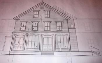 A rendering of the front of the new Lincolnville Center General Store, showing a porch where people can sit and socialize. (Photo by Holly S. Edwards)
