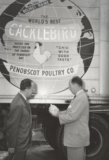Adlai Stevenson, Democratic presidential candidate, visited Belfast in July of 1956. He attended the opening of the new state-of-the-art Penobscot Poultry Company processing plant, was given a tour of the facility and had the opportunity to examine the finished product – a Cacklebird chicken. (Photo courtesy Balfast Historical Society)