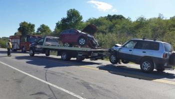 Camden Exxon towed all three cars from the accident scene on Route 17 in Rockland. (Photo by Sarah Shepherd)