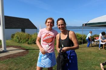Swimmers Carla McKay (left) and Mish Sommers enjoy a laugh on Islesboro.