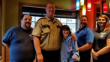 The annual “Tip-a-Cop” fundraising event for Special Olympics was held Aug. 16 at Applebees in Thomaston. Some of the “celebrity” waiters included, left to right, Sean Wallace, Thomaston EMT, Justin Hills, Knox County Sheriff’s Office Deputy, Sam Herring, Special Olympics athlete, Rusty Barnard, Thomaston Paramedic and EMS Chief and Lena Wallace, Thomaston EMT. (Photo by Sarah Shepherd)