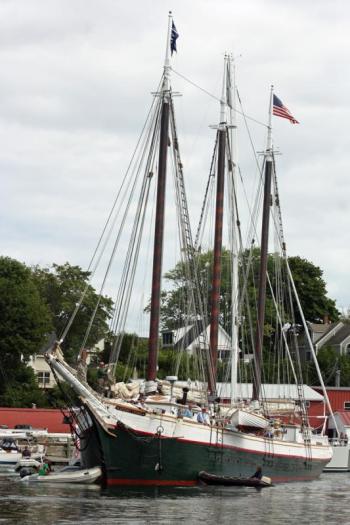 The big, three-masted schooner Victory Chimes makes it’s way in and around the head of Camden Harbor Friday afternoon. (Photo by Holly S. Edwards)