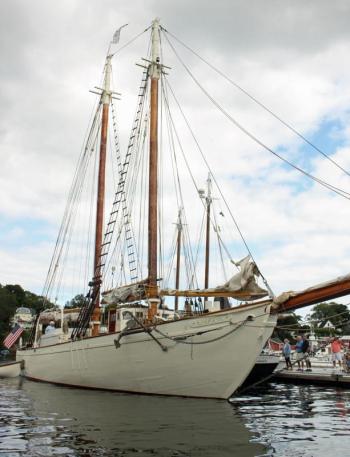 Newly relaunched under its original name, Ladona makes her way around the head of Camden Harbor Friday afternoon. (Photo by Holly S. Edwards)