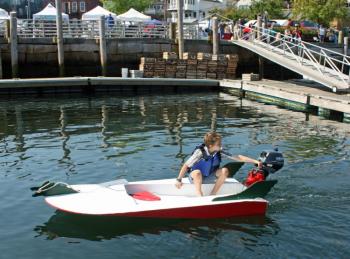 At the next Camden Windjammer Festival, organizers plan to provide Build-a-Boat contestants with pre-cut kits to make this boat, which will include an engine. (Photo by Holly S. Edwards)