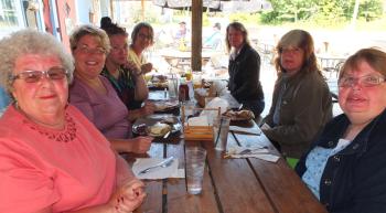 Margaret Earing, Lisa Benson, Haley Benson, Starr Reed, Donna Tardin, Janet Maust and Sydney Young are all from NH and NY. They stopped because the sign said, “Best Breakfast in Town.”