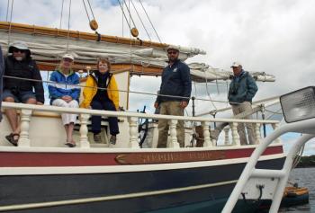 Second from left, Capt. Noah Barnes aboard his schooner Stephen Taber. Barnes also owns the recently totally restored schooner, Ladona. (Photo by Holly S. Edwards)