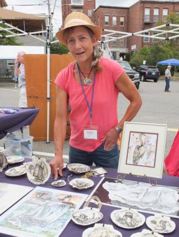 Pam Bardon and her unique style of scrimshaw-like pen drawings on scallop shells.