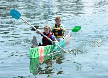 Team Pesky Pirates, with Capt. Brooklyn Rollins and crewman Michael Rollins, brother and sister from Camden, won first place in Sunday’s Build-a-Boat Race during the annual Camden Windjammer Festival, held Labor Day weekend, Sept. 2-4. (Photo by Holly S. Edwards)
