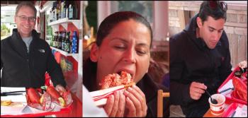 Steve Walter, of Green Bay, Wisconsin; Carmy Koutroules, of Connecticut; and Andres Diaz, from Venezuel,a all enjoy lobster on National Lobster Day. (Photos by Chris Wolf)
