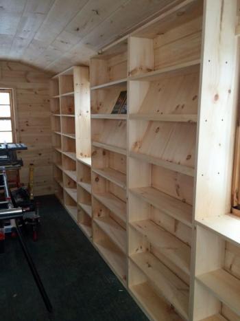 Clean, new, empty library shelves sit ready for books at the new Matinicus Island Community Library.