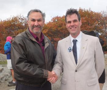 Maine State Sen. Dave Miramant congratulates Randy Stearns on a job well done.