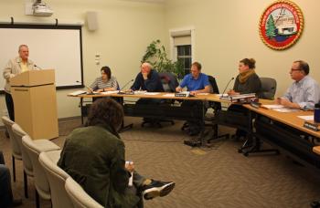 Town Administrator David Kinney at the podium, with the Board of Selectmen Nov. 14. (Photo by Holly S. Edwards)