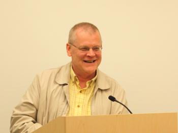 Lincolnville Town Administrator David Kinney appears at the Nov. 14 Board of Selectmen meeting to say hello, offer thanks and to say he’s progressing in his recovery and looks forward to coming back to work. (Photo by Holly S. Edwards)